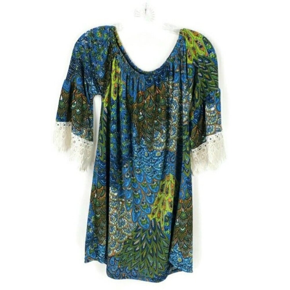 Win Win Multicolor Scoop Neck Half Bell Sleeve Tunic Top Womens L-XL